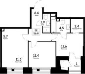 Планировка 3-комнатной квартиры, 56,8 м2