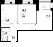 Планировка 2-комнатной квартиры, 53,4 м2