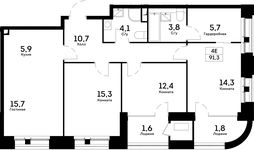 Планировка 4-комнатной квартиры, 91,3 м2