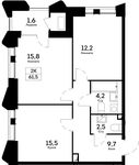 Планировка 2-комнатной квартиры, 61,5 м2