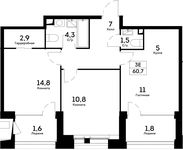 Планировка 3-комнатной квартиры, 60,7 м2