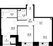 Планировка 3-комнатной квартиры, 58,4 м2