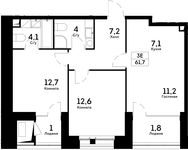 Планировка 3-комнатной квартиры, 61,7 м2