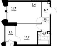 Планировка 2-комнатной квартиры, 39,7 м2