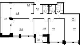 Планировка 5-комнатной квартиры, 120 м2