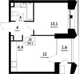 Планировка 2-комнатной квартиры, 39,1 м2