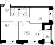 Планировка 2-комнатной квартиры, 64,5 м2