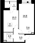 Планировка 2-комнатной квартиры, 46,5 м2