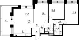 Планировка 4-комнатной квартиры, 107 м2