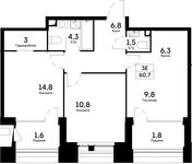 Планировка 3-комнатной квартиры, 60,7 м2