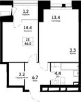 Планировка 2-комнатной квартиры, 46,5 м2