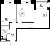 Планировка 2-комнатной квартиры, 53,7 м2