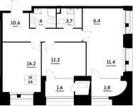 Планировка 3-комнатной квартиры, 68 м2