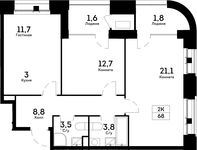 Планировка 2-комнатной квартиры, 68 м2