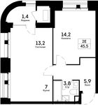 Планировка 2-комнатной квартиры, 45,5 м2