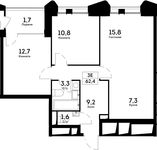 Планировка 3-комнатной квартиры, 62,4 м2