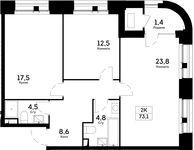 Планировка 2-комнатной квартиры, 73,1 м2