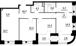 Планировка 4-комнатной квартиры, 91,3 м2