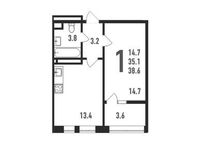 Планировка 1-комнатной квартиры, 38,6 м2