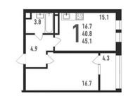 Планировка 1-комнатной квартиры, 45,4 м2