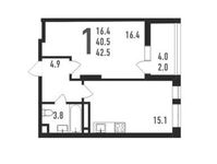 Планировка 1-комнатной квартиры, 42,5 м2