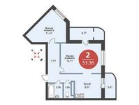 Планировка 2-комнатной квартиры, 53,36 м2