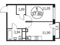 Планировка 1-комнатной квартиры, 37,6 м2