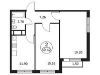 Планировка 2-комнатной квартиры, 59,42 м2