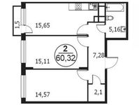 Планировка 2-комнатной квартиры, 60,32 м2