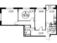 Планировка 3-комнатной квартиры, 78,09 м2