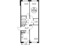 Планировка 3-комнатной квартиры, 75,09 м2
