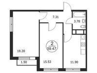 Планировка 2-комнатной квартиры, 59,47 м2