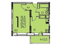 Планировка 1-комнатной квартиры, 34,7 м2