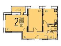 Планировка 2-комнатной квартиры, 61,7 м2