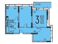 Планировка 3-комнатной квартиры, 74 м2