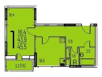 Планировка 1-комнатной квартиры, 45,5 м2