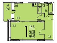 Планировка 1-комнатной квартиры, 44,8 м2