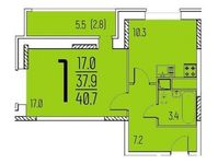 Планировка 1-комнатной квартиры, 40,7 м2