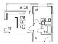 Планировка 1-комнатной квартиры, 40,7 м2