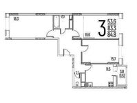 Планировка 3-комнатной квартиры, 84,8 м2