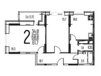 Планировка 2-комнатной квартиры, 61,7 м2