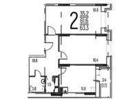Планировка 2-комнатной квартиры, 63,3 м2