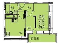 Планировка 1-комнатной квартиры, 34,4 м2