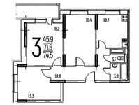Планировка 3-комнатной квартиры, 74 м2