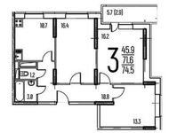 Планировка 3-комнатной квартиры, 74,5 м2