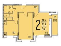 Планировка 2-комнатной квартиры, 64,1 м2