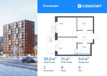 Планировка  1-комнатной квартиры, 36,9 м2