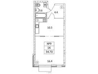 Планировка 1-комнатной квартиры, 34,7 м2