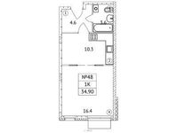 Планировка 1-комнатной квартиры, 34,9 м2