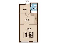 Планировка 1-комнатной квартиры, 34,36 м2